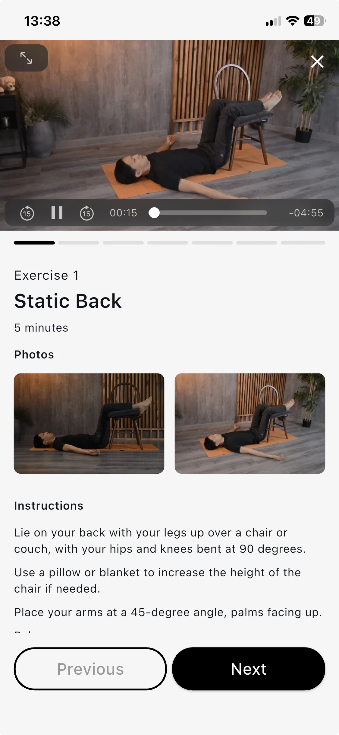Corrective exercise — Static Back, 5 minutes, with a guided video, reference photos, and instructions.